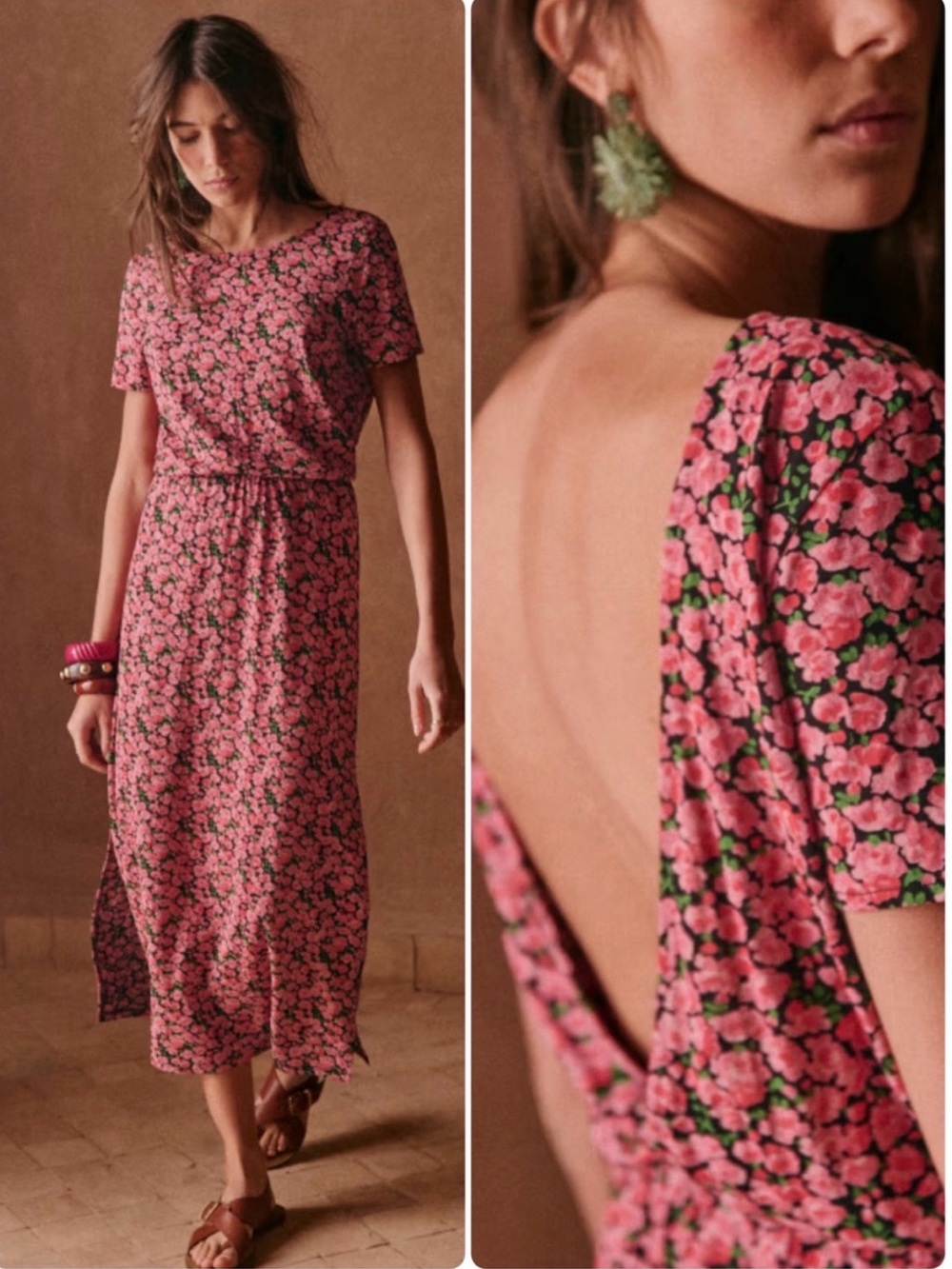 Sézane Luce Pink Flowers Open Back Cotton Midi Dress XS